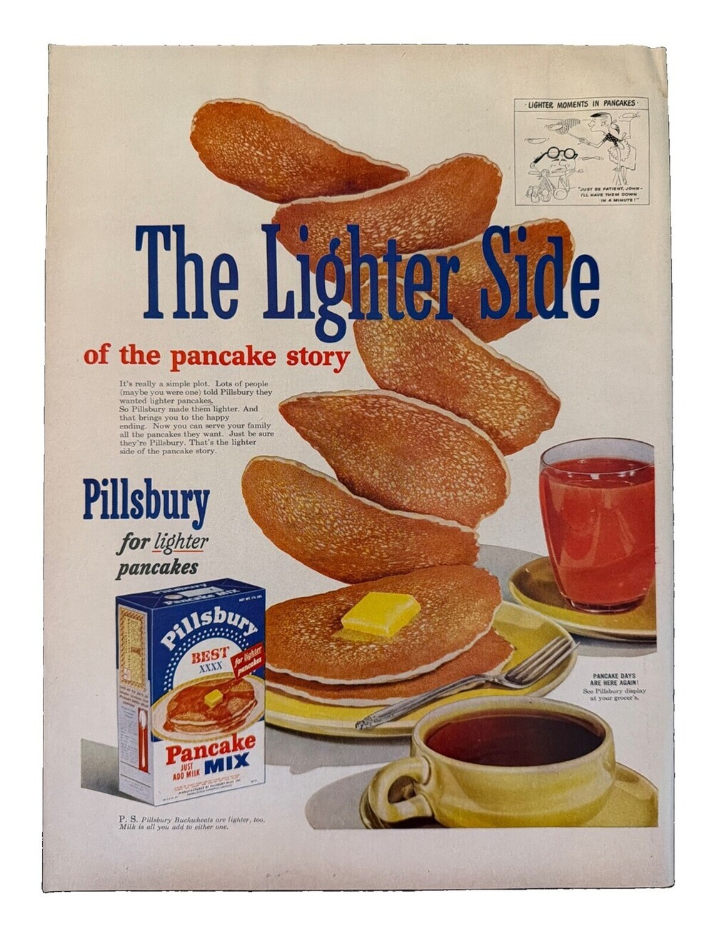 1952 Pillsbury Pancake Mix Print Ad Coffe Breakfast Butter Syrup Lighter Side